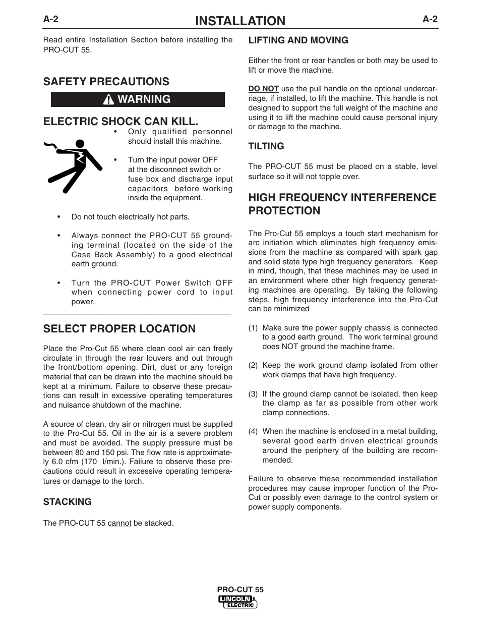 Installation, Safety precautions electric shock can kill, Select proper location | High frequency interference protection, Warning | Lincoln Electric IM590 PRO-CUT 55 User Manual | Page 10 / 35