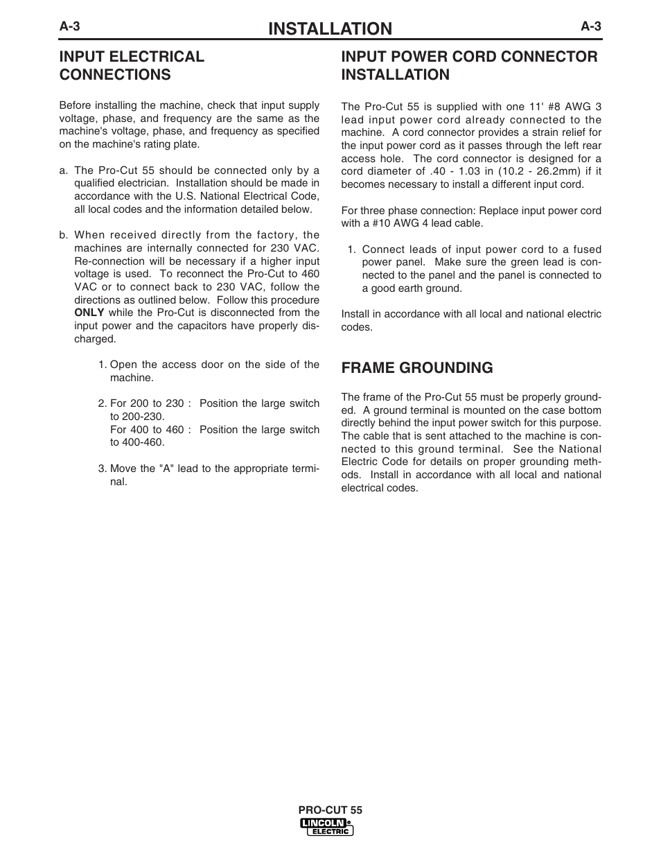 Installation, Input electrical connections, Input power cord connector installation | Frame grounding | Lincoln Electric IM590 PRO-CUT 55 User Manual | Page 11 / 35