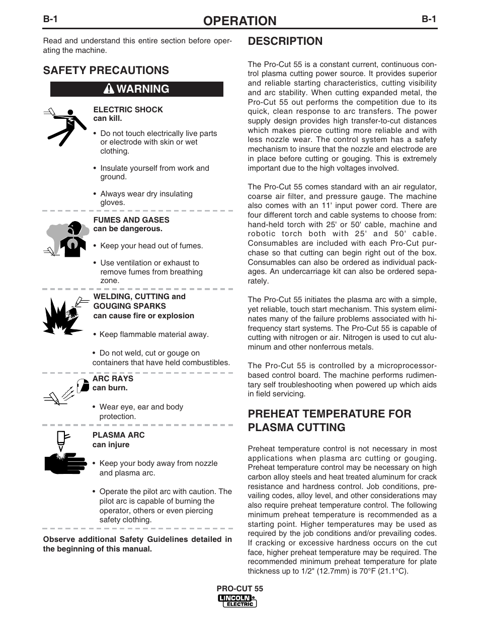 Operation, Safety precautions description, Preheat temperature for plasma cutting | Warning | Lincoln Electric IM590 PRO-CUT 55 User Manual | Page 13 / 35