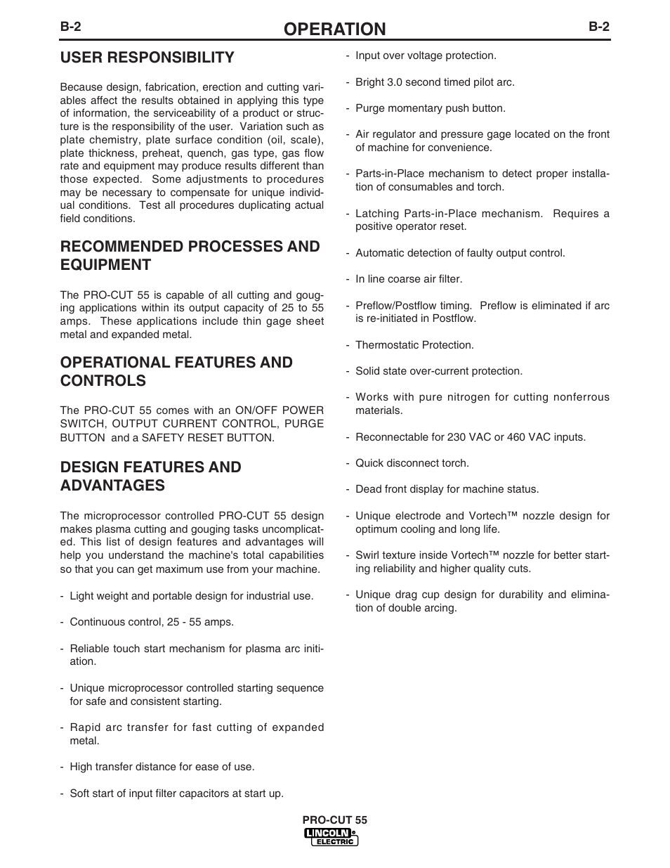 Operation, User responsibility, Recommended processes and equipment | Operational features and controls, Design features and advantages | Lincoln Electric IM590 PRO-CUT 55 User Manual | Page 14 / 35