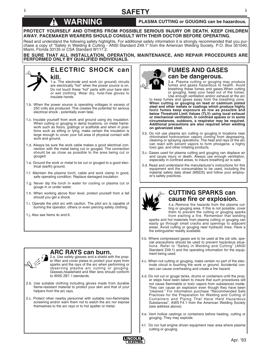 Warning, Safety, Cutting sparks can cause fire or explosion | Arc rays can burn, Electric shock can kill, Fumes and gases can be dangerous | Lincoln Electric IM590 PRO-CUT 55 User Manual | Page 2 / 35