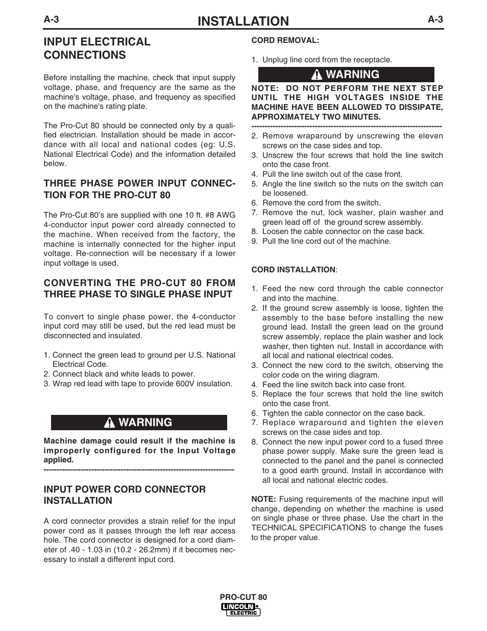 Installation, Input electrical connections, Warning | Lincoln Electric IM595 PRO-CUT 60 User Manual | Page 11 / 39