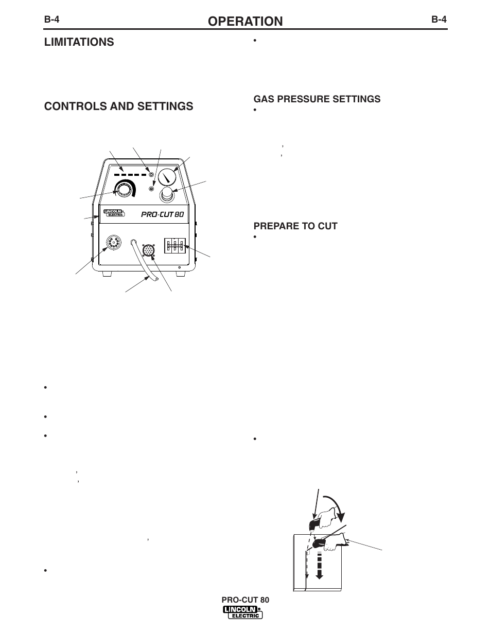 Operation, Limitations, Controls and settings | Gas pressure settings, Prepare to cut | Lincoln Electric IM595 PRO-CUT 60 User Manual | Page 17 / 39