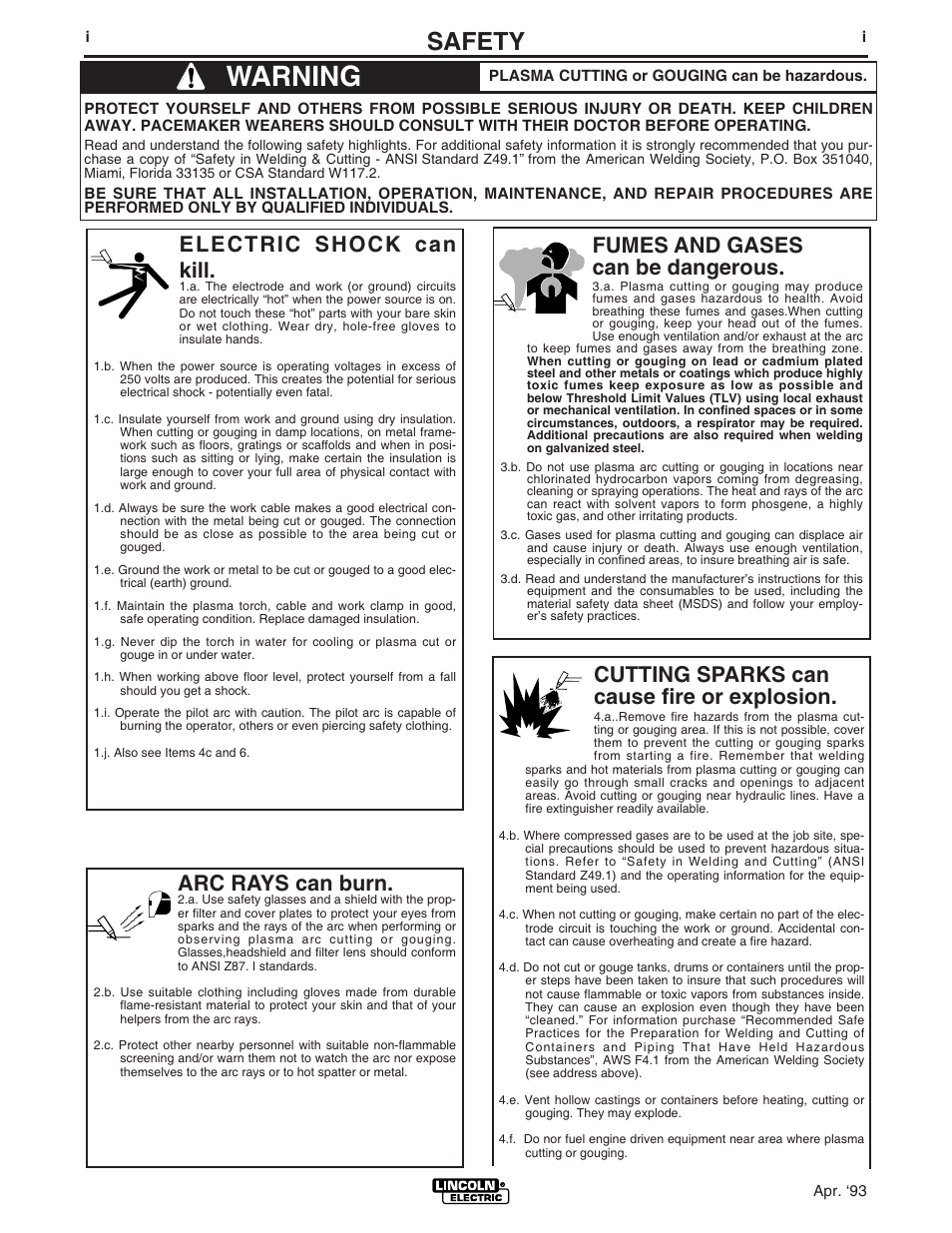 Warning, Safety, Cutting sparks can cause fire or explosion | Arc rays can burn, Electric shock can kill, Fumes and gases can be dangerous | Lincoln Electric IM595 PRO-CUT 60 User Manual | Page 2 / 39