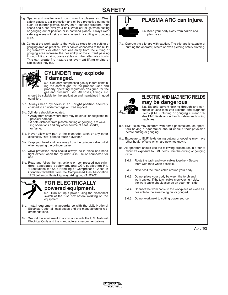 Safety, For electrically powered equipment, Cylinder may explode if damaged | Electric and magnetic fields may be dangerous, Plasma arc can injure | Lincoln Electric IM595 PRO-CUT 60 User Manual | Page 3 / 39