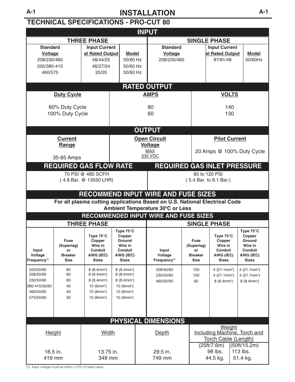 Installation, Input, Physical dimensions | Three phase single phase, Recommended input wire and fuse sizes | Lincoln Electric IM595 PRO-CUT 60 User Manual | Page 9 / 39