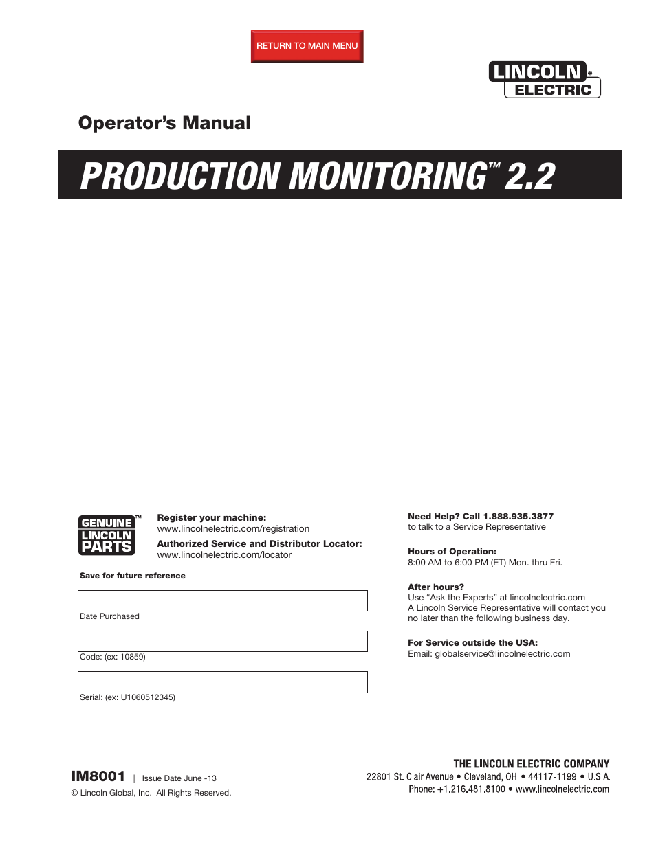 Lincoln Electric IM8001 PRODUCTION MONITORING 2.2 User Manual | 136 pages