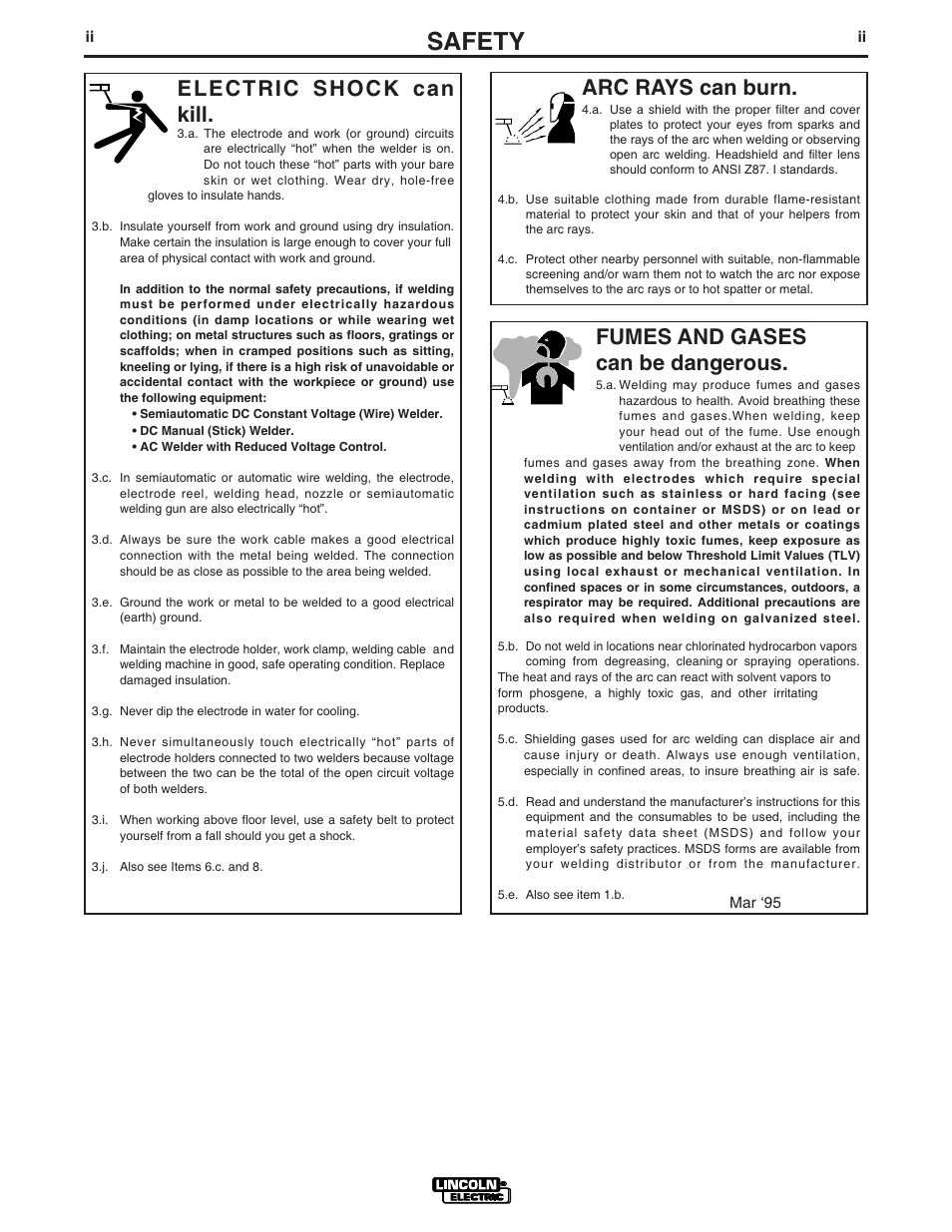 Safety, Arc rays can burn, Electric shock can kill | Fumes and gases can be dangerous | Lincoln Electric IM740 PRO-MIG 135 User Manual | Page 3 / 48