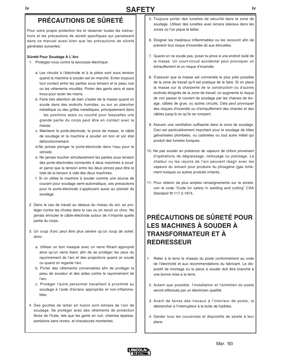 Safety, Précautions de sûreté | Lincoln Electric IM740 PRO-MIG 135 User Manual | Page 5 / 48