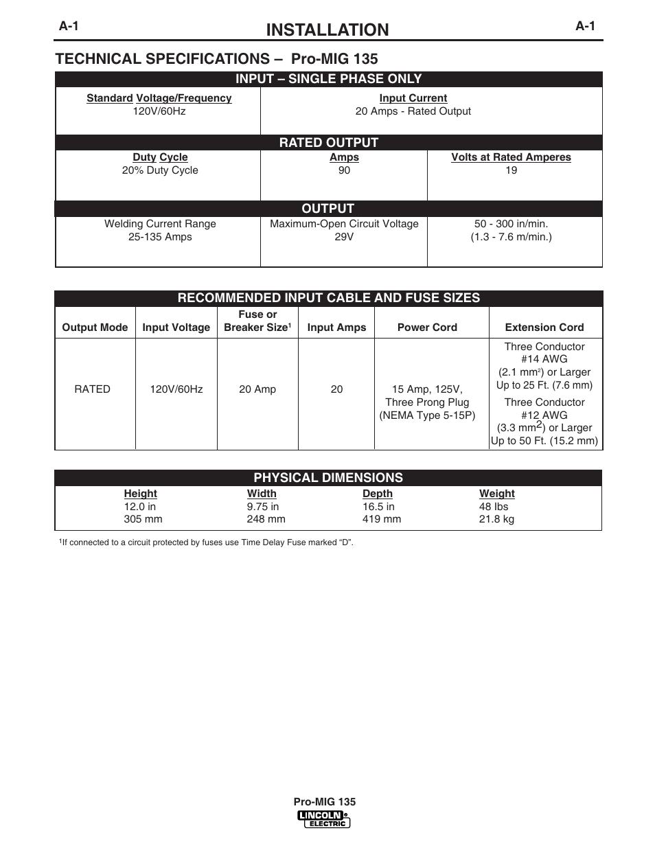 Installation, Technical specifications – pro-mig 135 | Lincoln Electric IM740 PRO-MIG 135 User Manual | Page 8 / 48