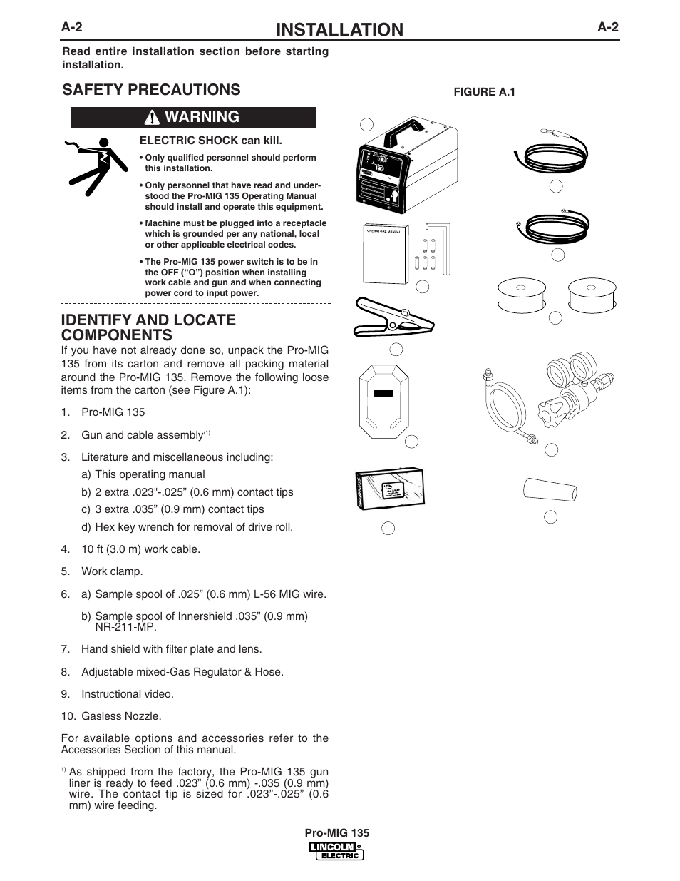 Installation, Safety precautions identify and locate components, Warning | Lincoln Electric IM740 PRO-MIG 135 User Manual | Page 9 / 48