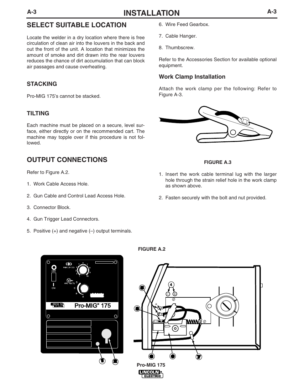 Installation, Select suitable location, Output connections | Pro-mig“ 175 | Lincoln Electric IM810 PRO-MIG 175 User Manual | Page 10 / 36