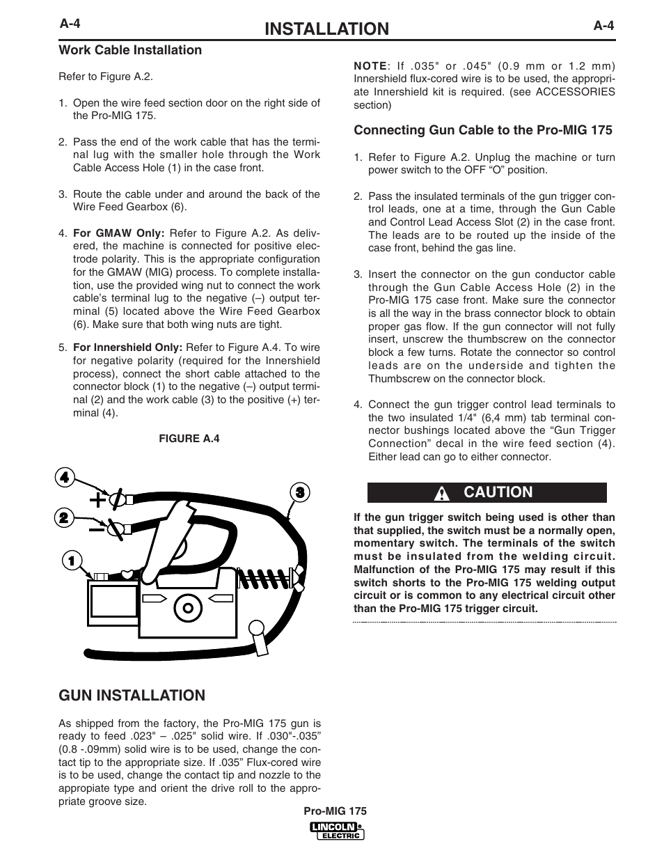 Installation, Caution gun installation | Lincoln Electric IM810 PRO-MIG 175 User Manual | Page 11 / 36