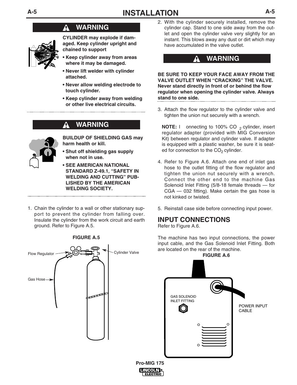 Installation, Input connections, Warning | Lincoln Electric IM810 PRO-MIG 175 User Manual | Page 12 / 36