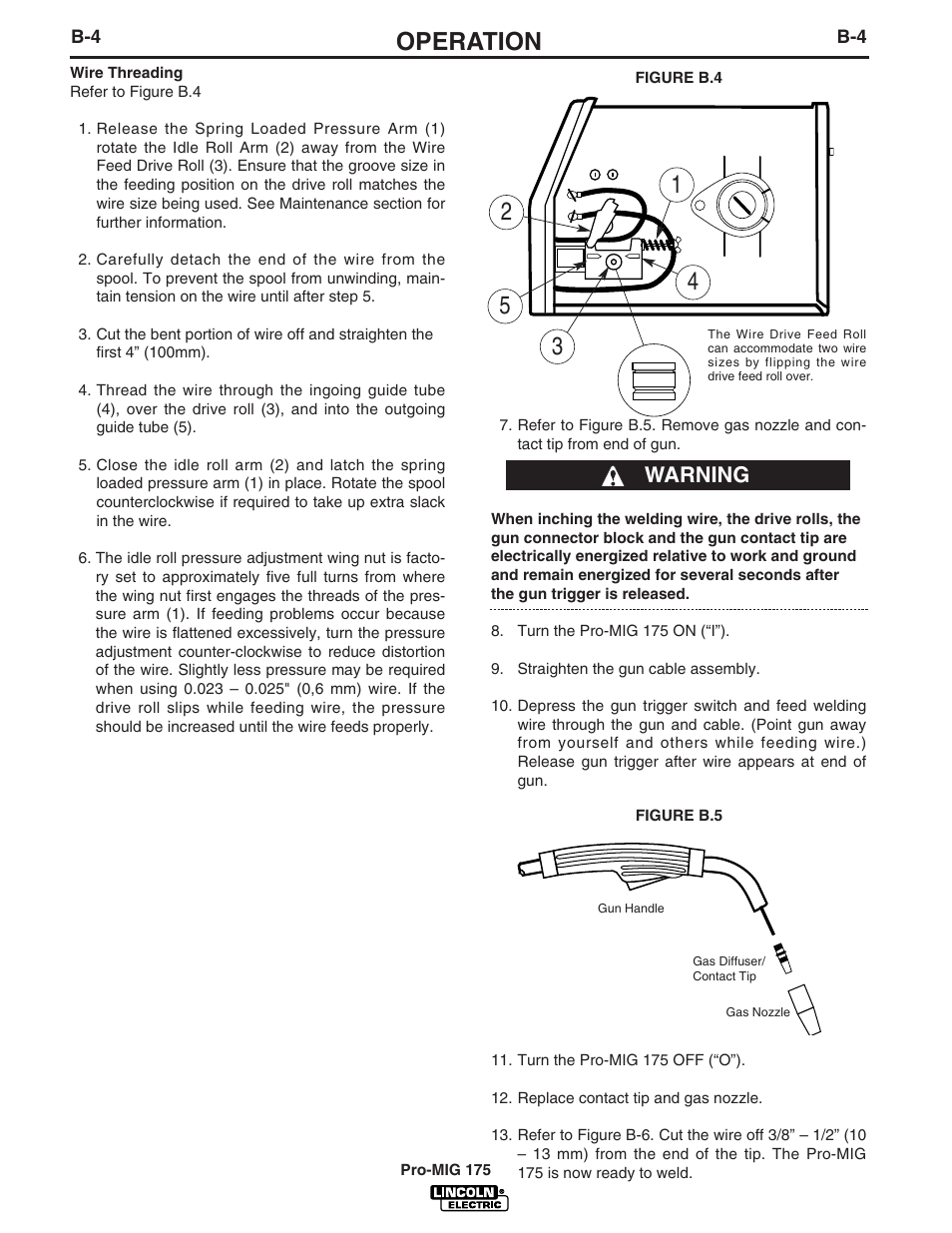 Operation, Warning | Lincoln Electric IM810 PRO-MIG 175 User Manual | Page 17 / 36