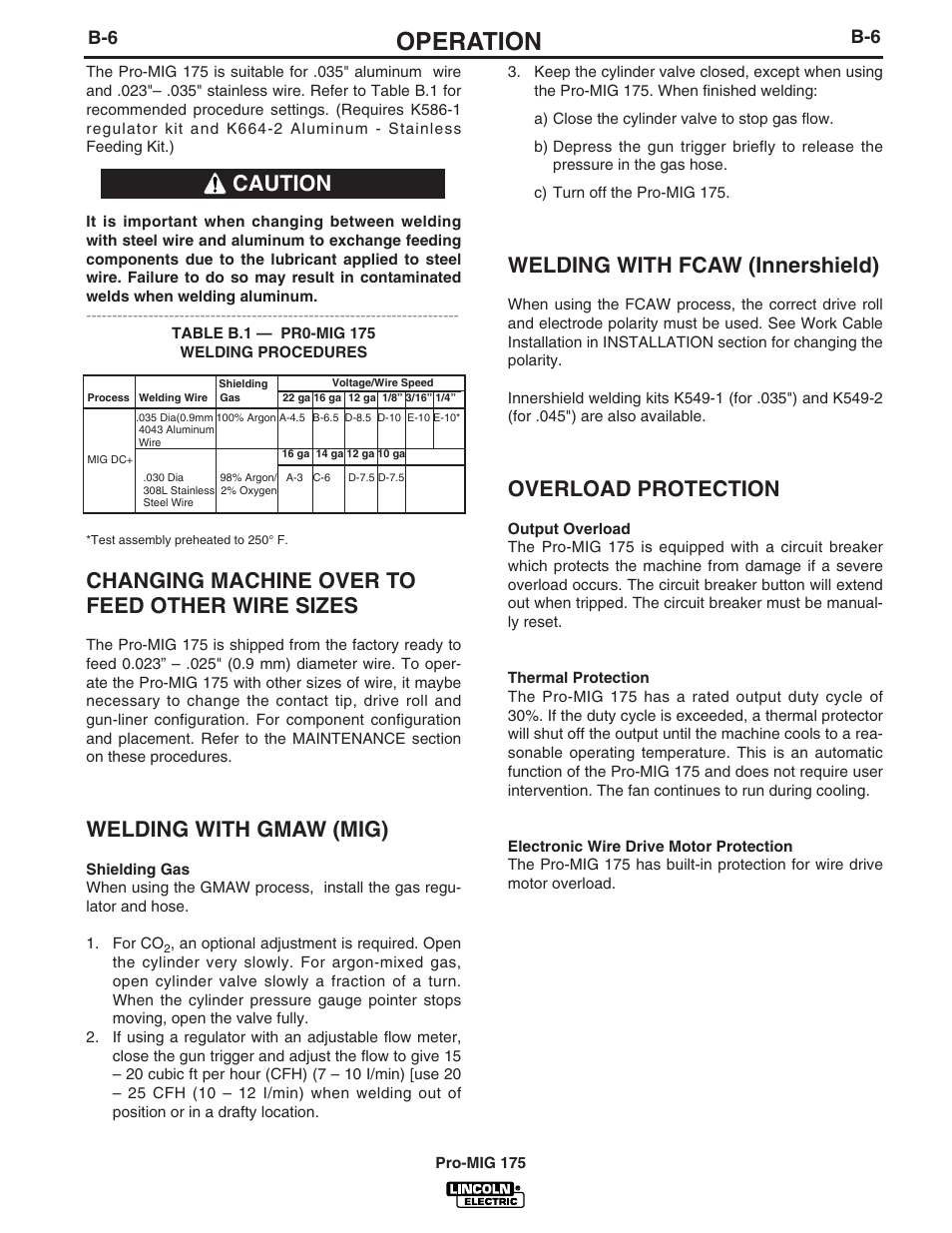 Operation, Changing machine over to feed other wire sizes, Welding with gmaw (mig) | Welding with fcaw (innershield), Overload protection, Caution | Lincoln Electric IM810 PRO-MIG 175 User Manual | Page 19 / 36