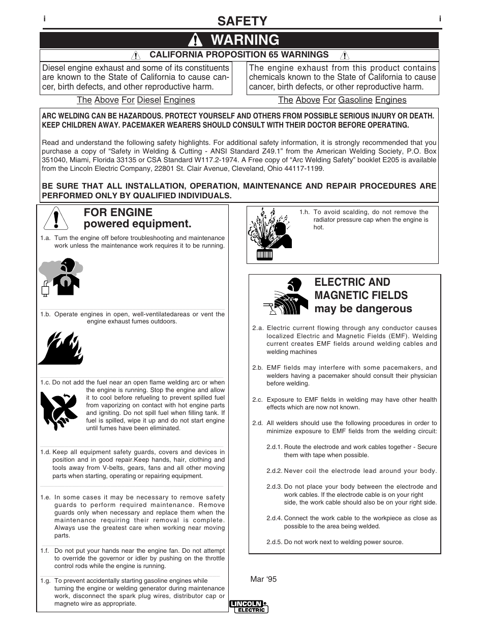 Warning, Safety, For engine powered equipment | Electric and magnetic fields may be dangerous | Lincoln Electric IM810 PRO-MIG 175 User Manual | Page 2 / 36