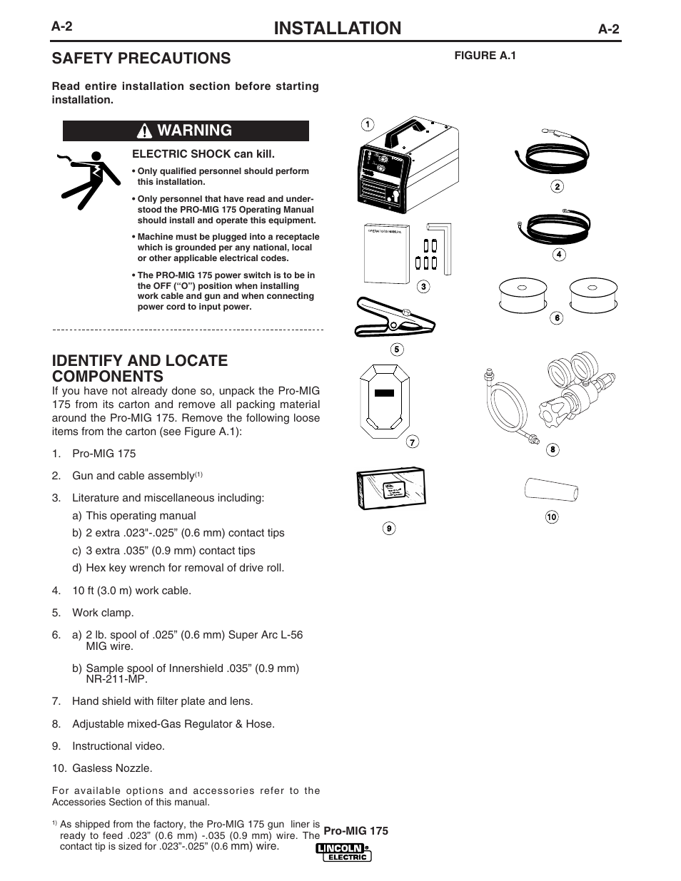 Installation, Safety precautions, Identify and locate components | Warning | Lincoln Electric IM810 PRO-MIG 175 User Manual | Page 9 / 36