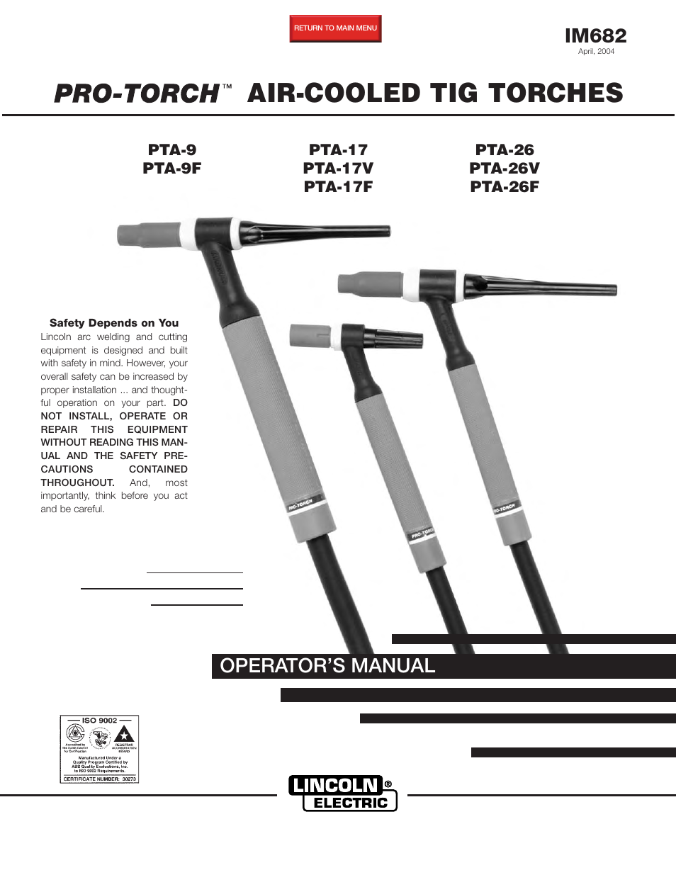 Lincoln Electric IM682 PRO-TORCH AIR-COOLED TIG TORCHES PTA-9,17,26 User Manual | 16 pages