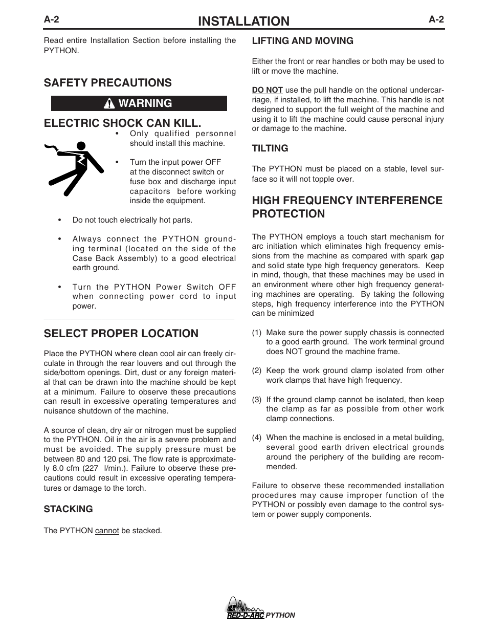 Installation, Safety precautions electric shock can kill, Select proper location | High frequency interference protection, Warning | Lincoln Electric IM648 RED-D-ARC PYTHON User Manual | Page 10 / 37