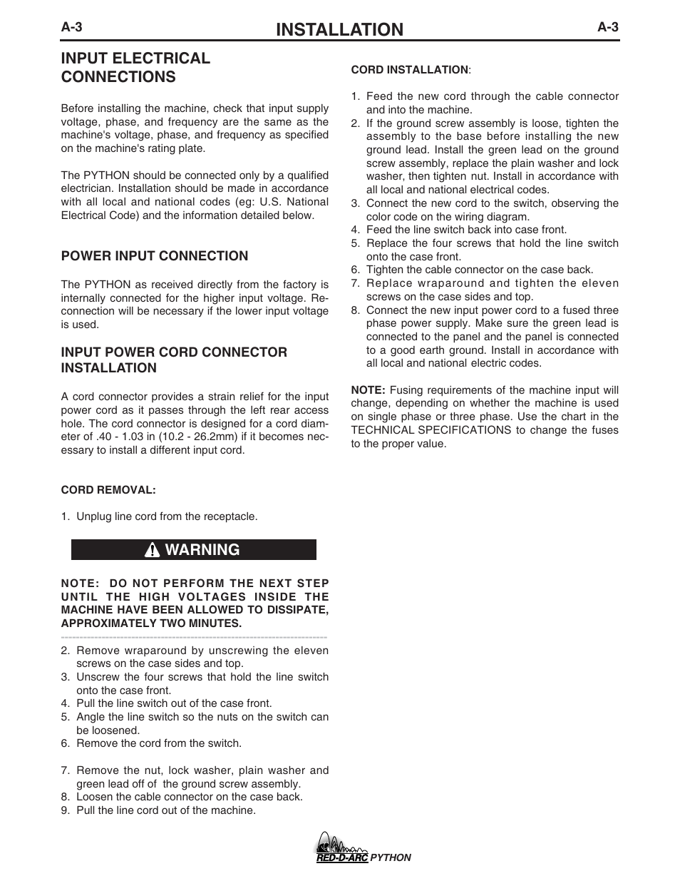 Installation, Input electrical connections, Warning | Lincoln Electric IM648 RED-D-ARC PYTHON User Manual | Page 11 / 37