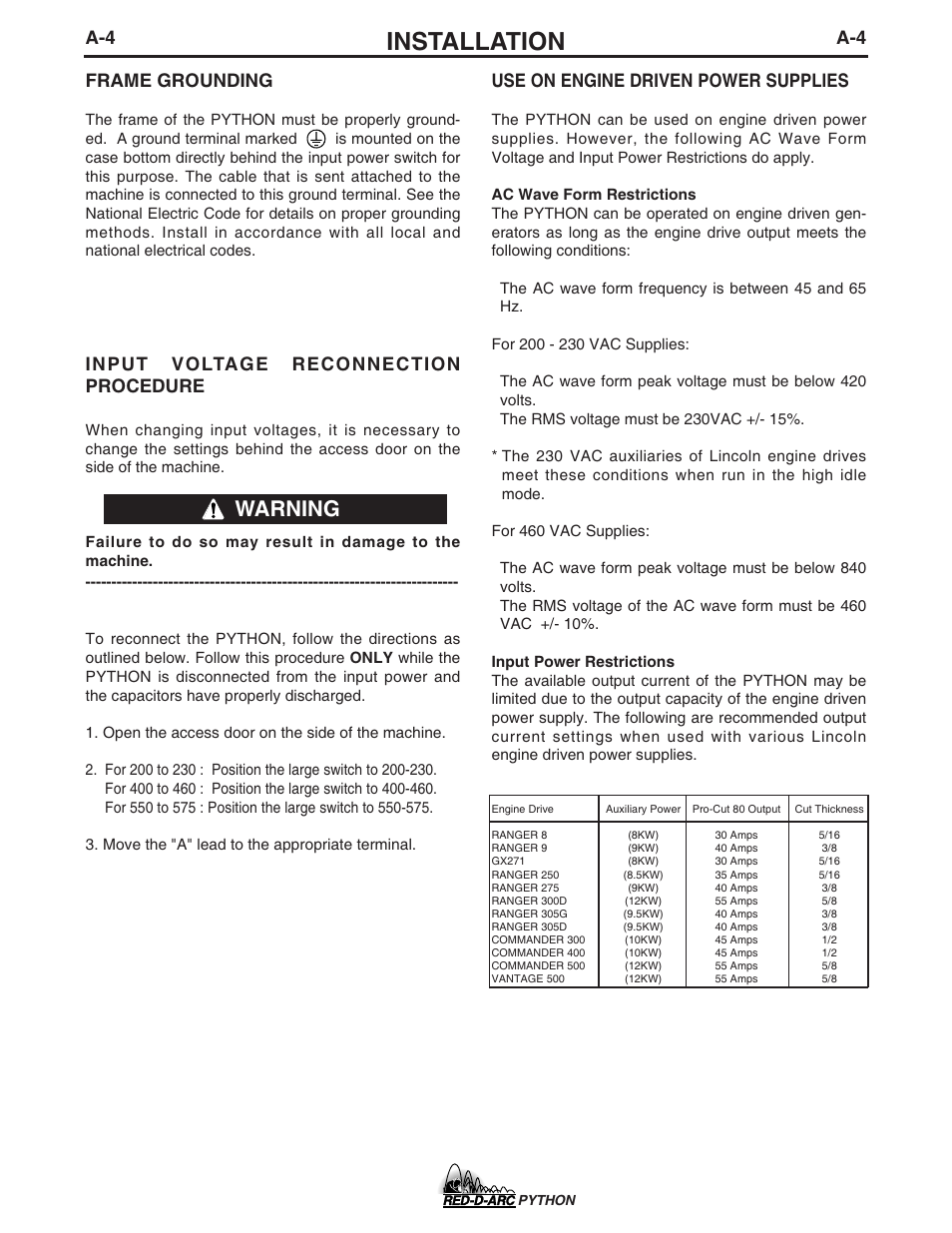 Installation, Warning, A-4 frame grounding | Input voltage reconnection procedure, Use on engine driven power supplies | Lincoln Electric IM648 RED-D-ARC PYTHON User Manual | Page 12 / 37