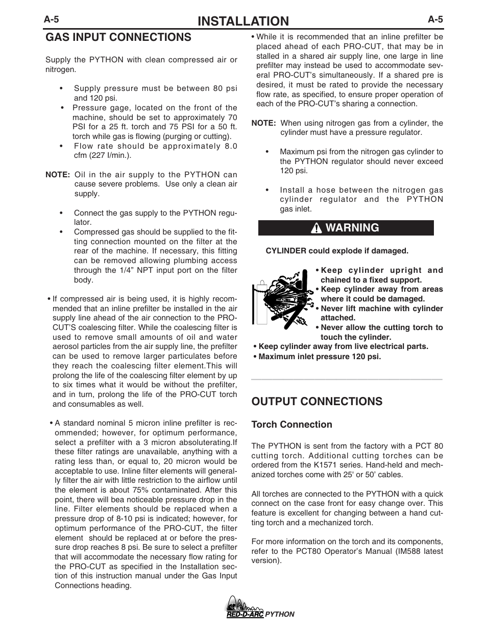 Installation, Gas input connections, Output connections | Warning | Lincoln Electric IM648 RED-D-ARC PYTHON User Manual | Page 13 / 37