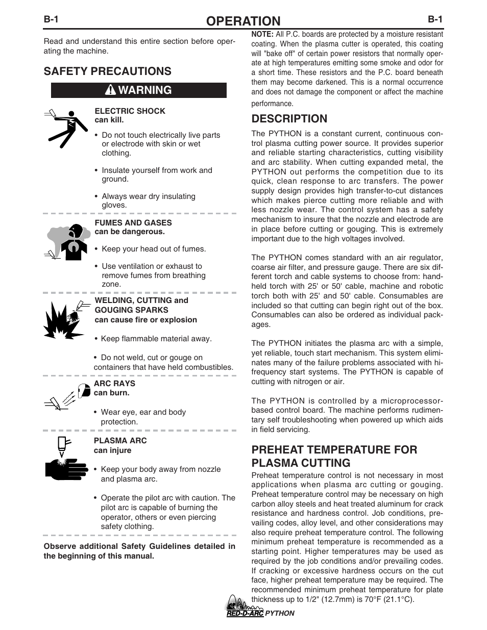 Operation, Safety precautions, Description | Preheat temperature for plasma cutting, Warning | Lincoln Electric IM648 RED-D-ARC PYTHON User Manual | Page 14 / 37