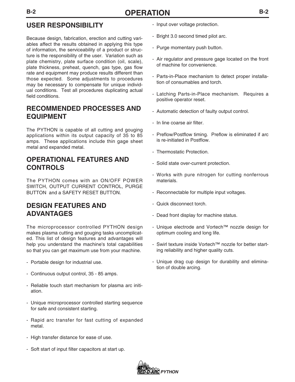 Operation, User responsibility, Recommended processes and equipment | Operational features and controls, Design features and advantages | Lincoln Electric IM648 RED-D-ARC PYTHON User Manual | Page 15 / 37