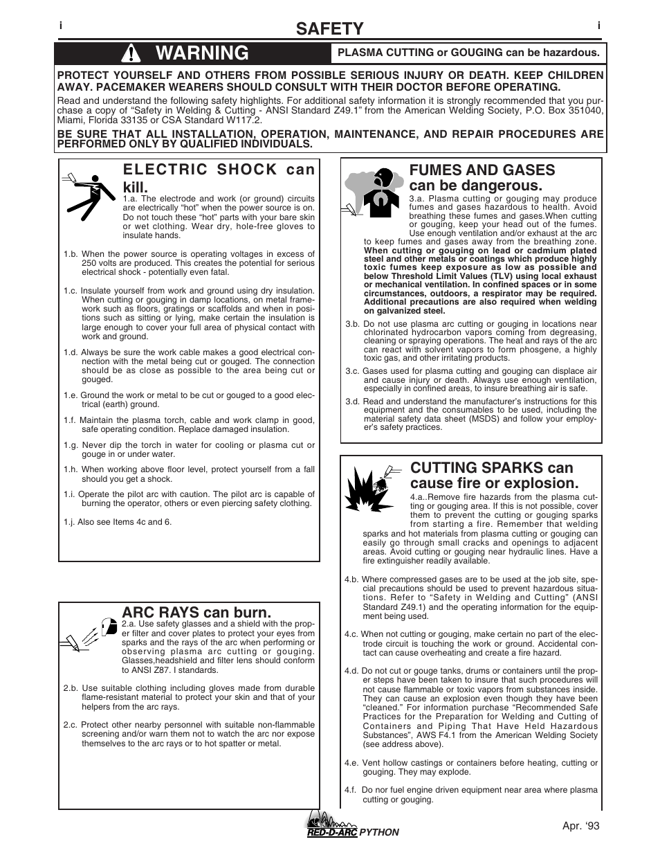 Warning, Safety, Cutting sparks can cause fire or explosion | Arc rays can burn, Electric shock can kill, Fumes and gases can be dangerous | Lincoln Electric IM648 RED-D-ARC PYTHON User Manual | Page 2 / 37