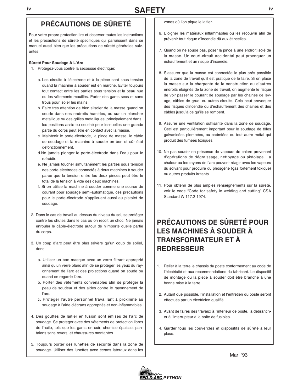 Safety, Précautions de sûreté | Lincoln Electric IM648 RED-D-ARC PYTHON User Manual | Page 5 / 37