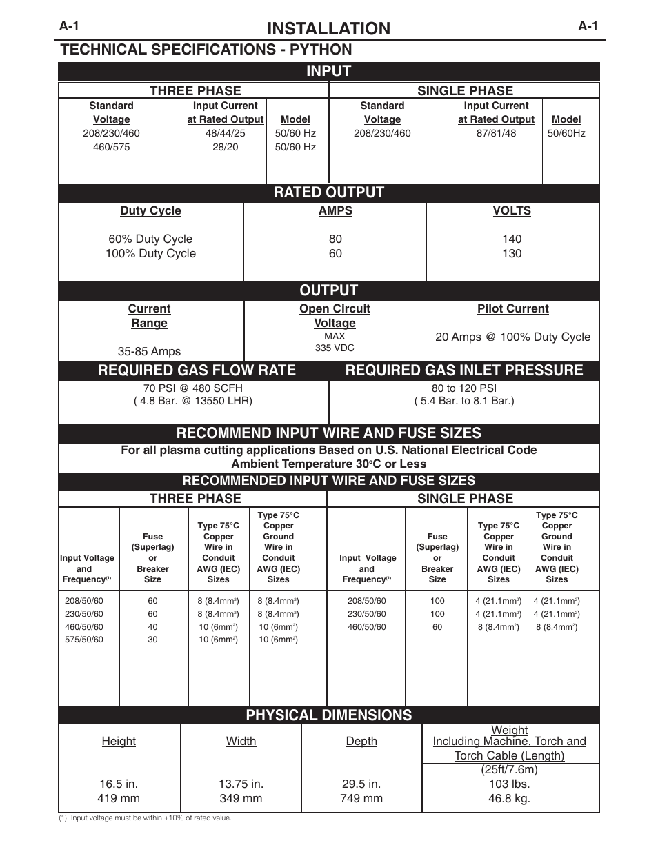 Installation, Input, Physical dimensions | Three phase single phase, Recommended input wire and fuse sizes | Lincoln Electric IM648 RED-D-ARC PYTHON User Manual | Page 9 / 37