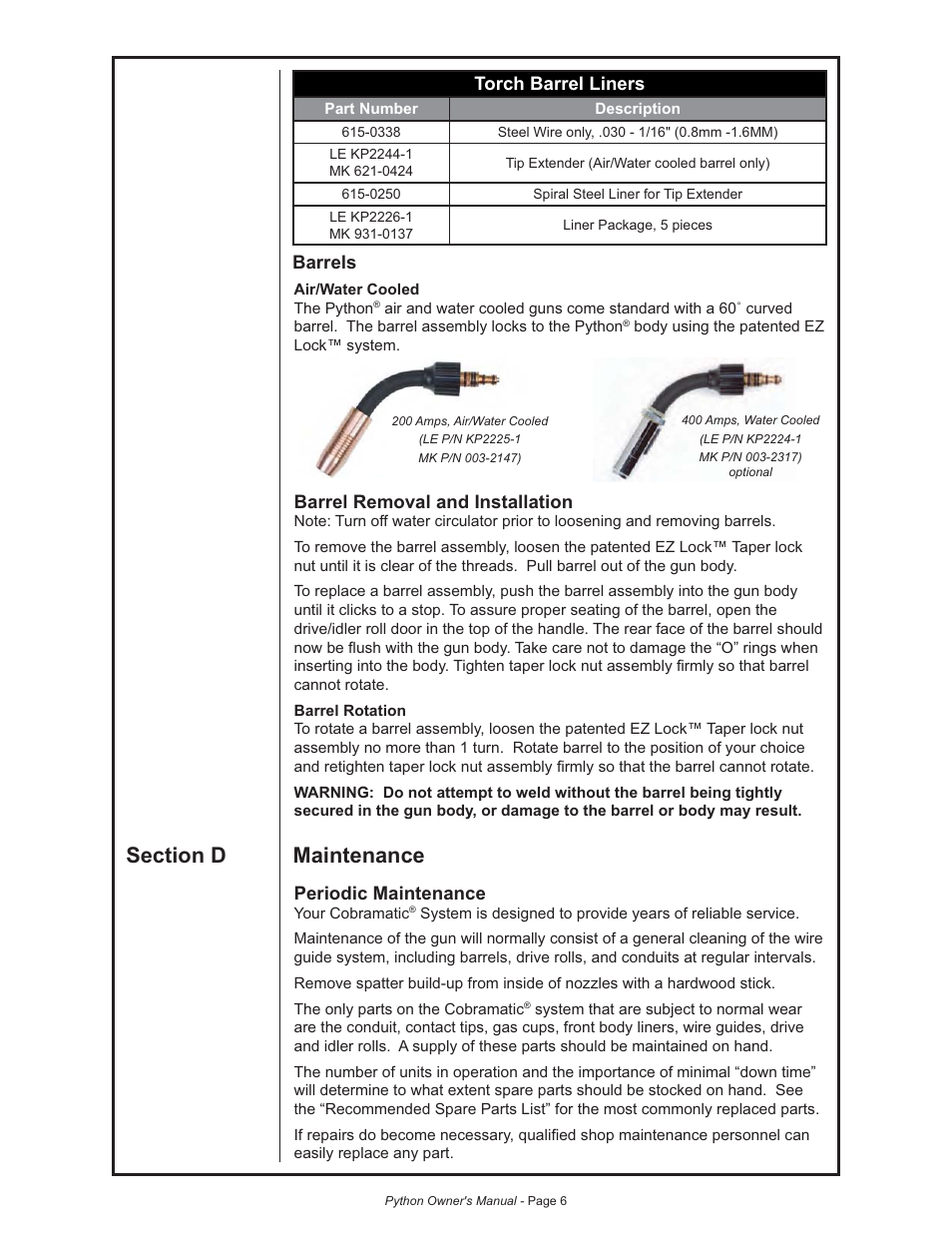 Barrels, Barrel removal and installation, Periodic maintenance | Torch barrel liners | Lincoln Electric IM773 Push-Pull Gun PYTHON K2211-2, K2211-3, K2212-1, K2212-2 & K2212-3 User Manual | Page 16 / 34