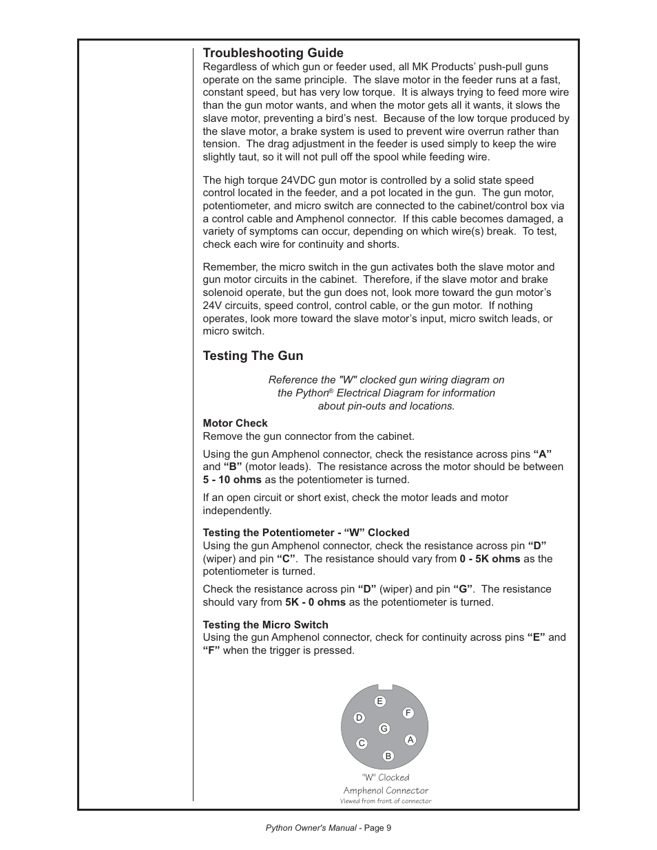 Troubleshooting guide, Testing the gun | Lincoln Electric IM773 Push-Pull Gun PYTHON K2211-2, K2211-3, K2212-1, K2212-2 & K2212-3 User Manual | Page 19 / 34