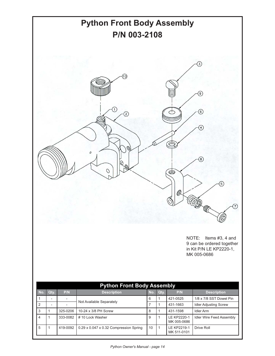 Python front body assembly | Lincoln Electric IM773 Push-Pull Gun PYTHON K2211-2, K2211-3, K2212-1, K2212-2 & K2212-3 User Manual | Page 24 / 34