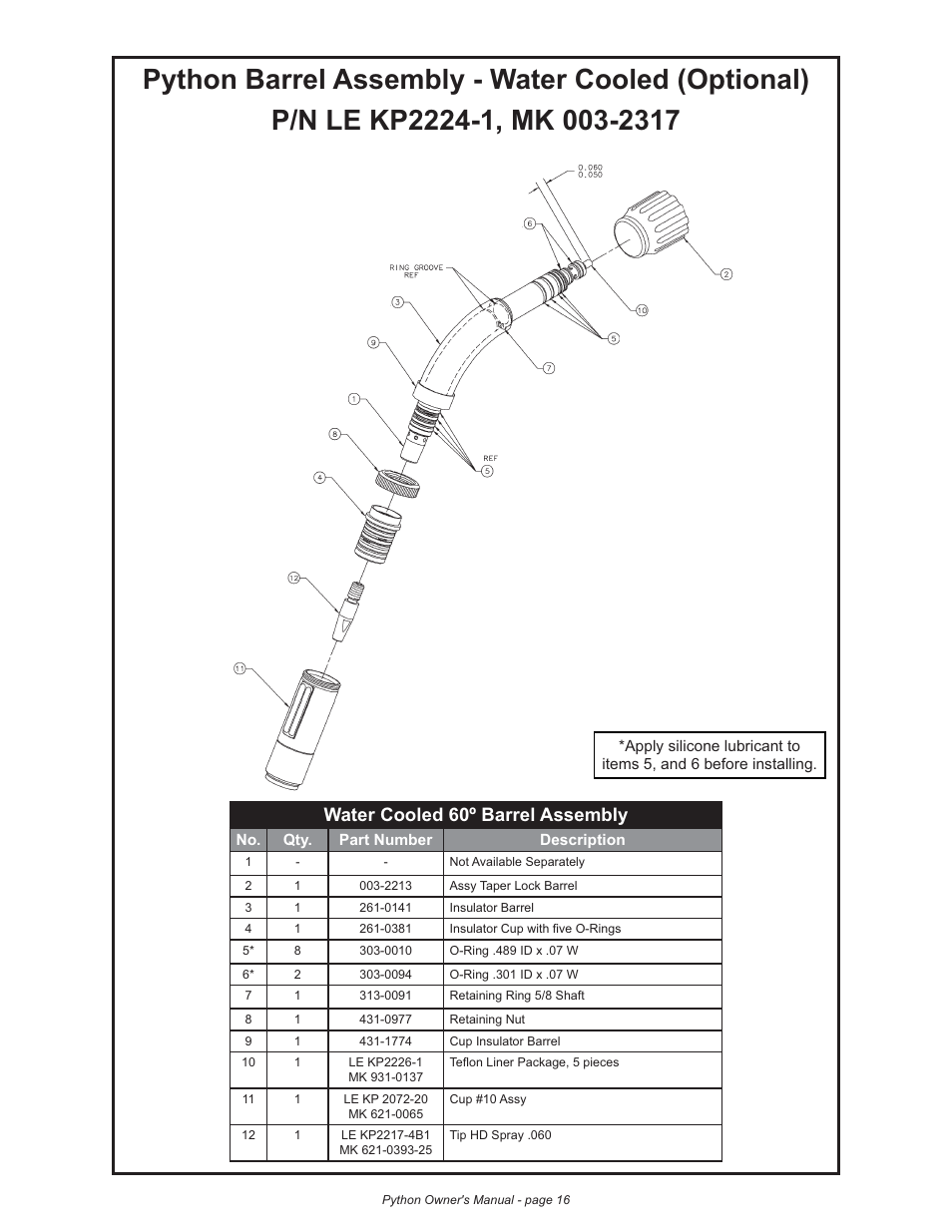 Water cooled 60º barrel assembly | Lincoln Electric IM773 Push-Pull Gun PYTHON K2211-2, K2211-3, K2212-1, K2212-2 & K2212-3 User Manual | Page 26 / 34