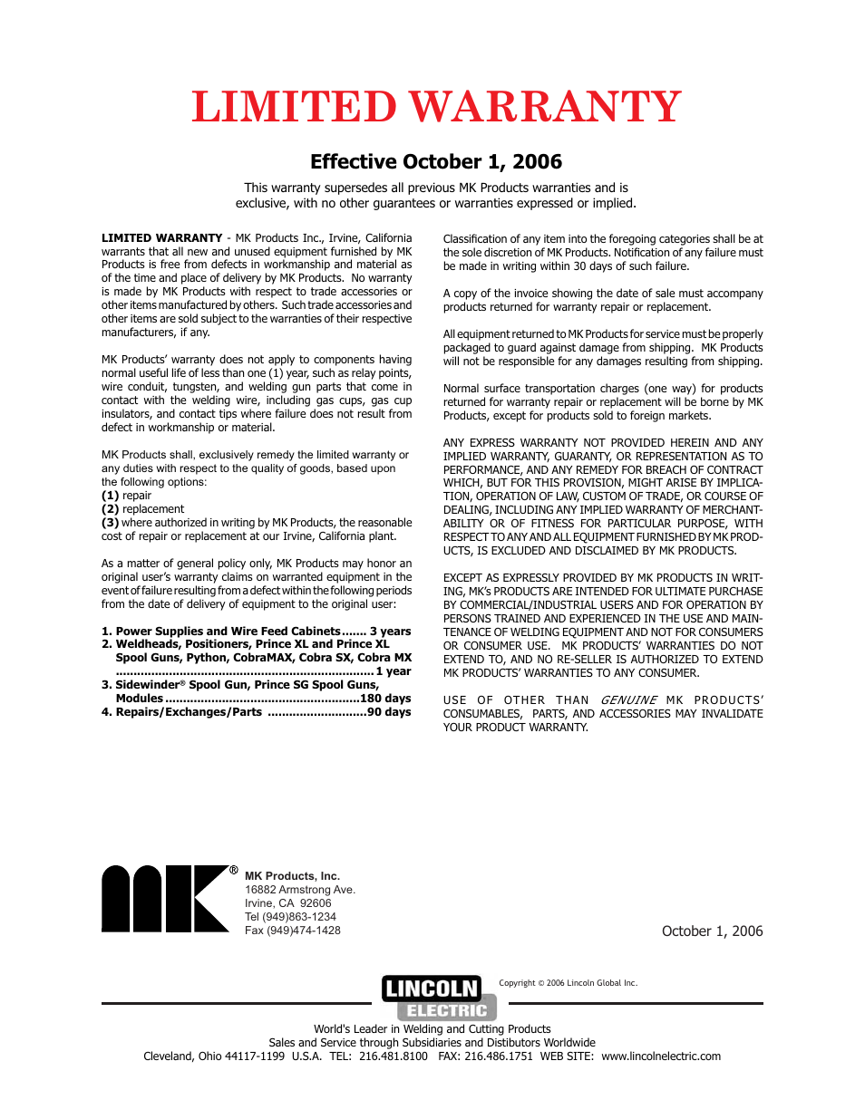 Limited warranty | Lincoln Electric IM773 Push-Pull Gun PYTHON K2211-2, K2211-3, K2212-1, K2212-2 & K2212-3 User Manual | Page 34 / 34