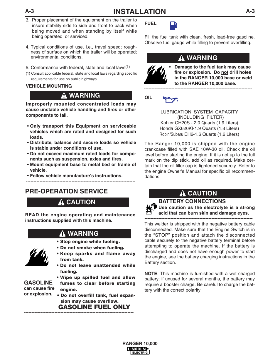 Installation, Pre-operation service, Caution | Warning caution, Gasoline fuel only, Warning | Lincoln Electric IM819 RANGER 10,000 User Manual | Page 10 / 37