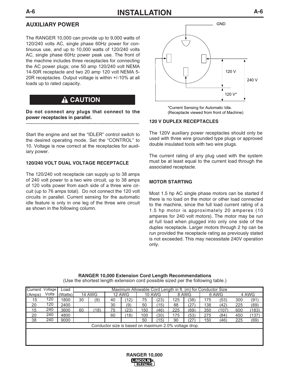 Installation, Caution, Auxiliary power | Lincoln Electric IM819 RANGER 10,000 User Manual | Page 13 / 37