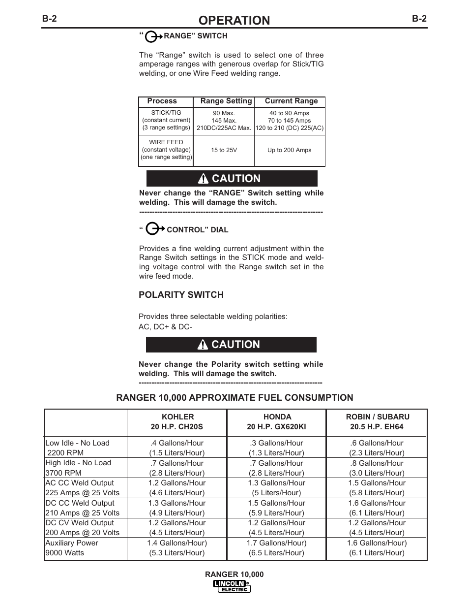 Operation, Caution | Lincoln Electric IM819 RANGER 10,000 User Manual | Page 18 / 37