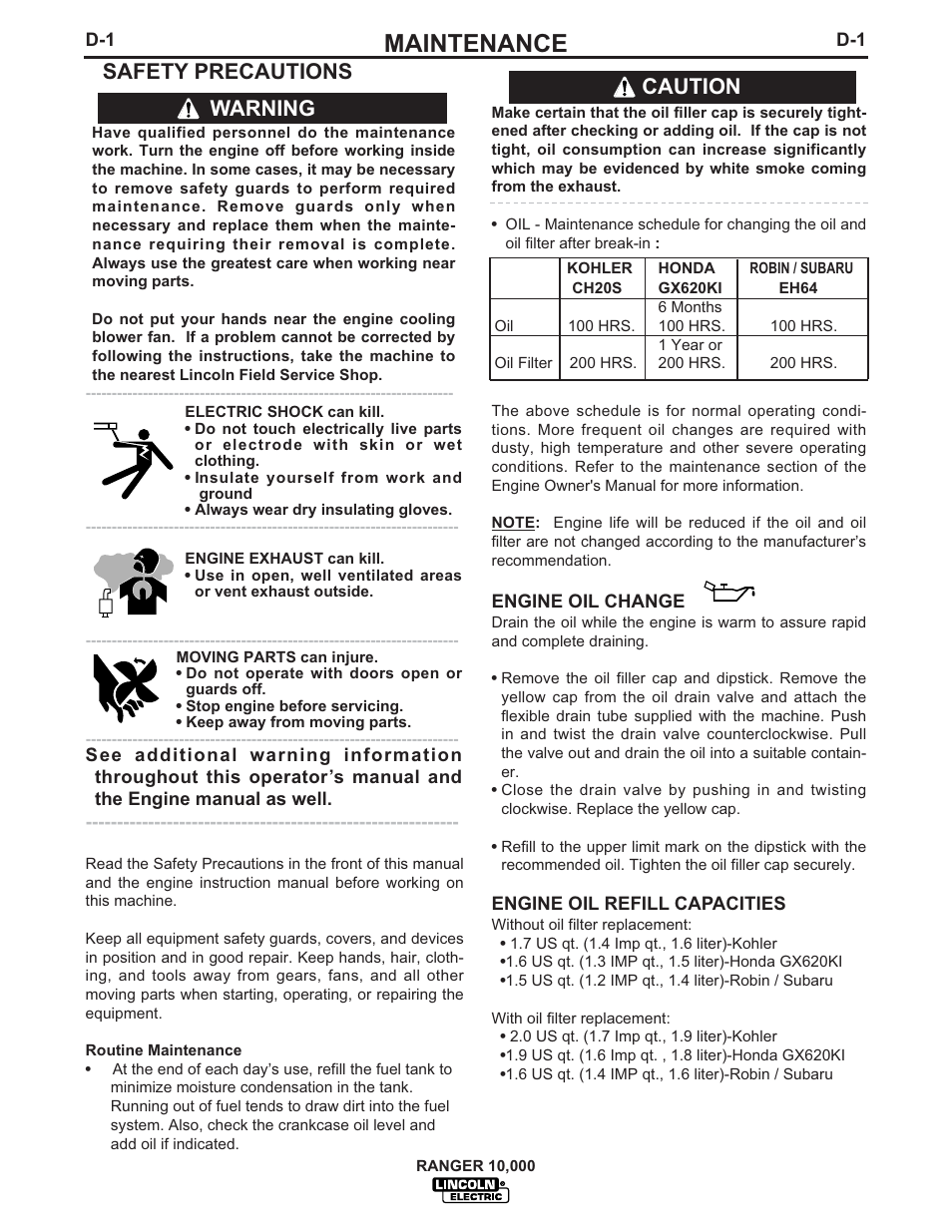 Maintenance, Warning, Safety precautions caution | Lincoln Electric IM819 RANGER 10,000 User Manual | Page 24 / 37