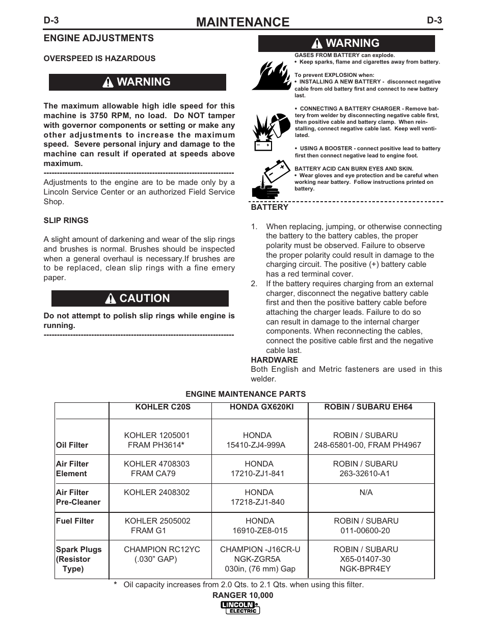 Maintenance, Warning, Warning caution | Lincoln Electric IM819 RANGER 10,000 User Manual | Page 26 / 37