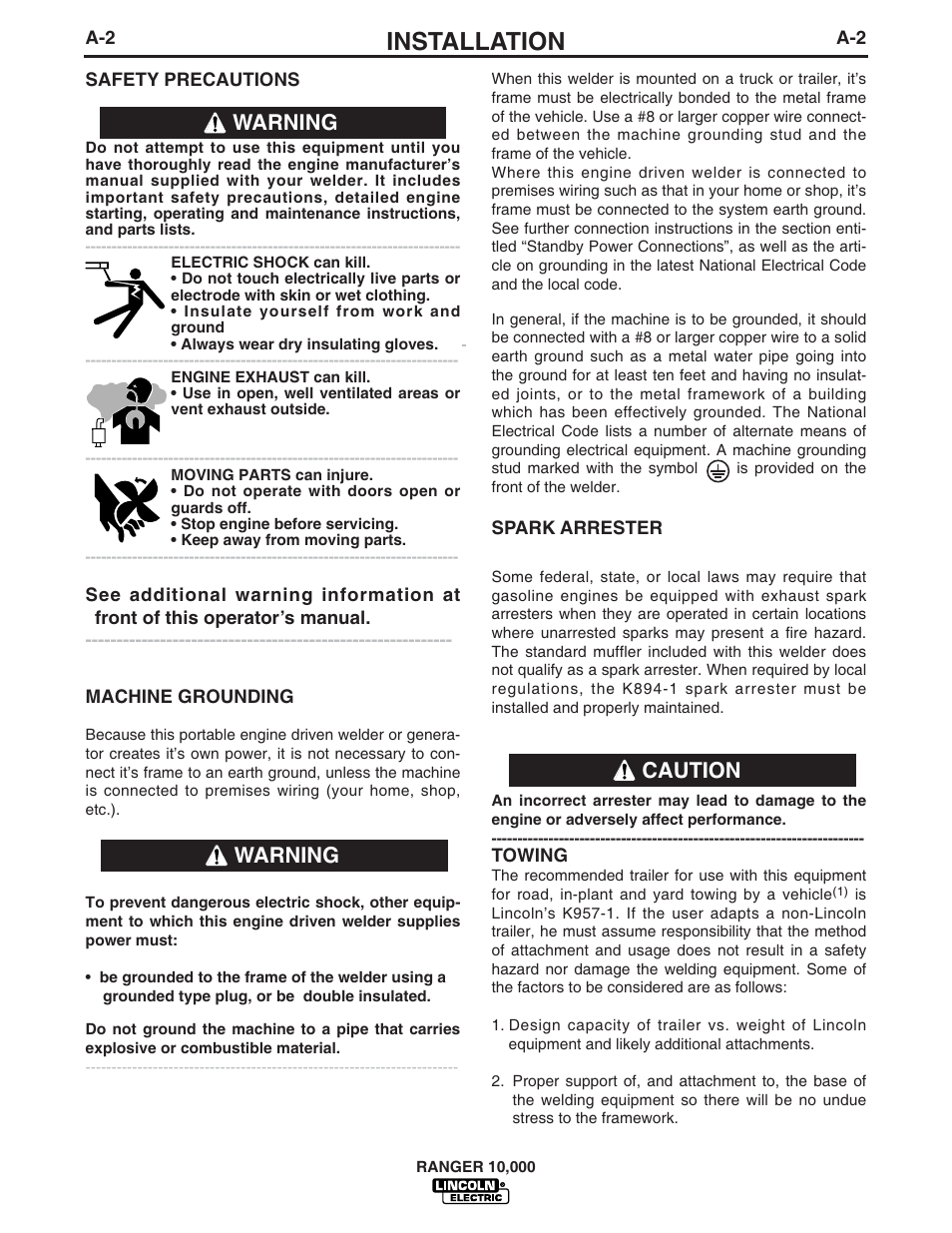 Installation, Caution, Warning | Lincoln Electric IM819 RANGER 10,000 User Manual | Page 9 / 37