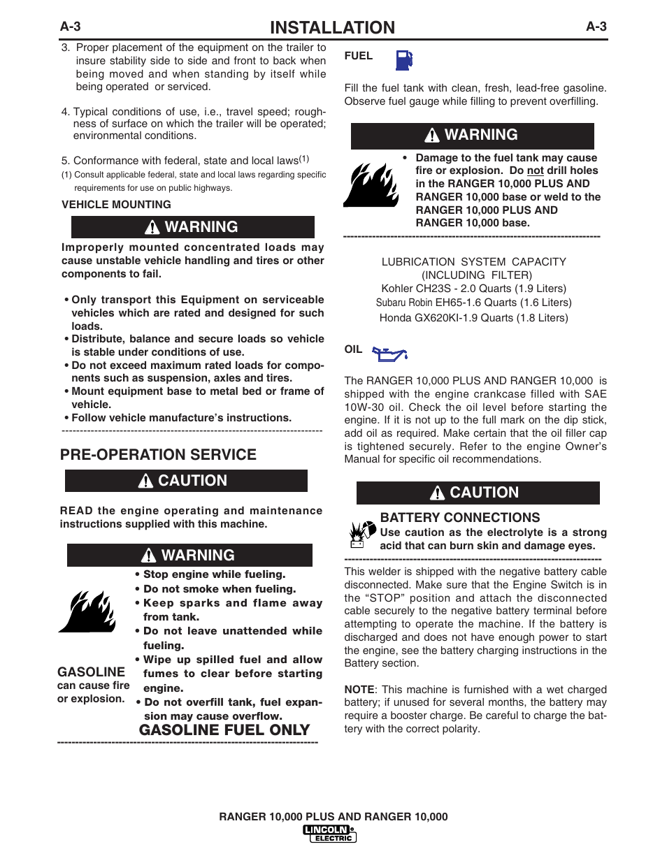 Installation, Pre-operation service, Caution | Warning caution, Gasoline fuel only, Warning | Lincoln Electric IM925 RANGER 10,000 PLUS User Manual | Page 10 / 37