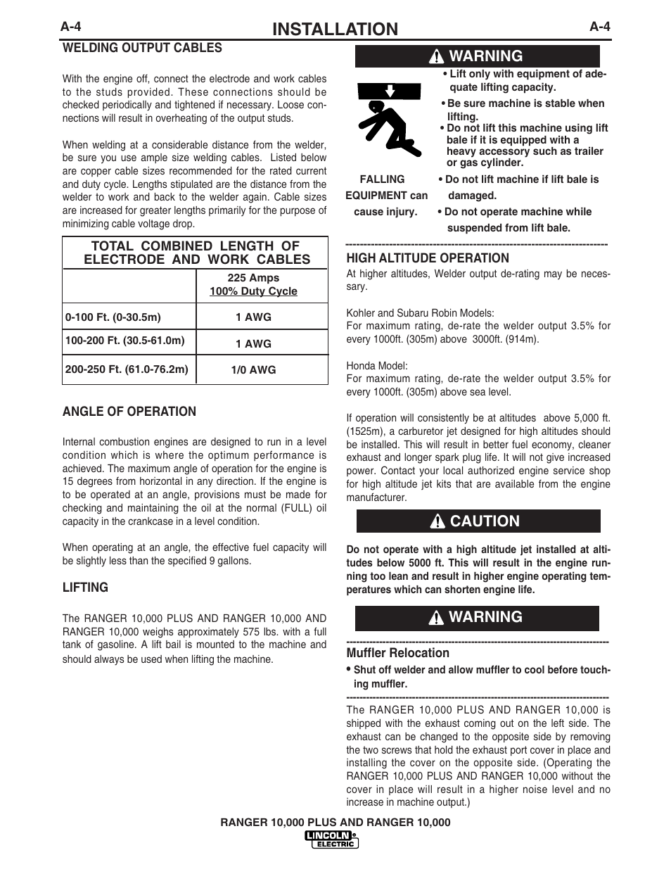 Installation, Caution warning, Warning | Lincoln Electric IM925 RANGER 10,000 PLUS User Manual | Page 11 / 37