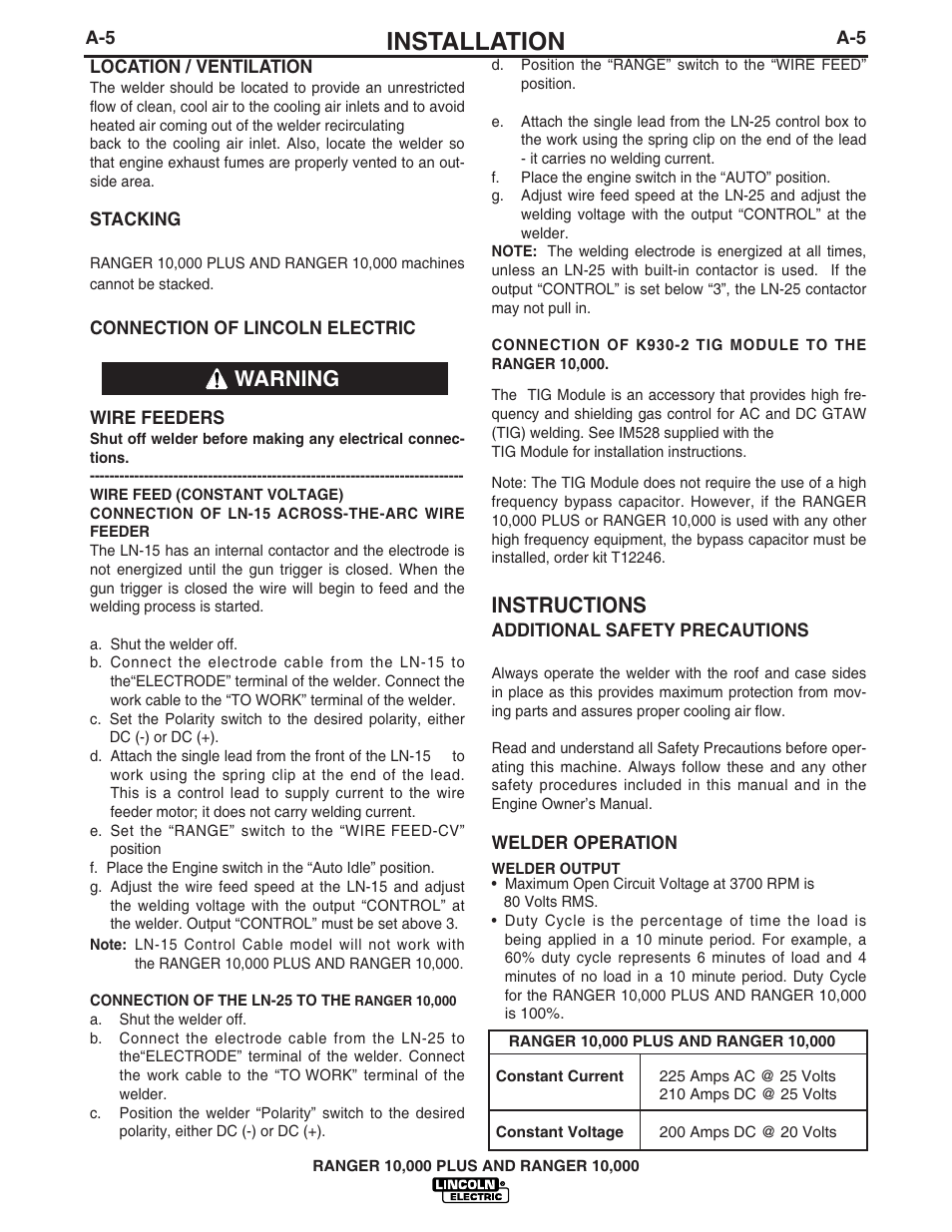 Installation, Instructions, Warning | Lincoln Electric IM925 RANGER 10,000 PLUS User Manual | Page 12 / 37