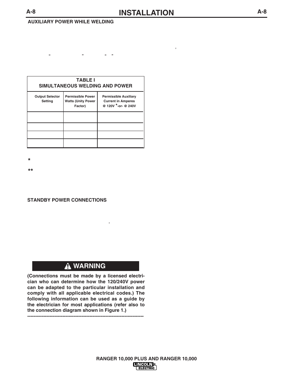 Installation, Warning | Lincoln Electric IM925 RANGER 10,000 PLUS User Manual | Page 15 / 37