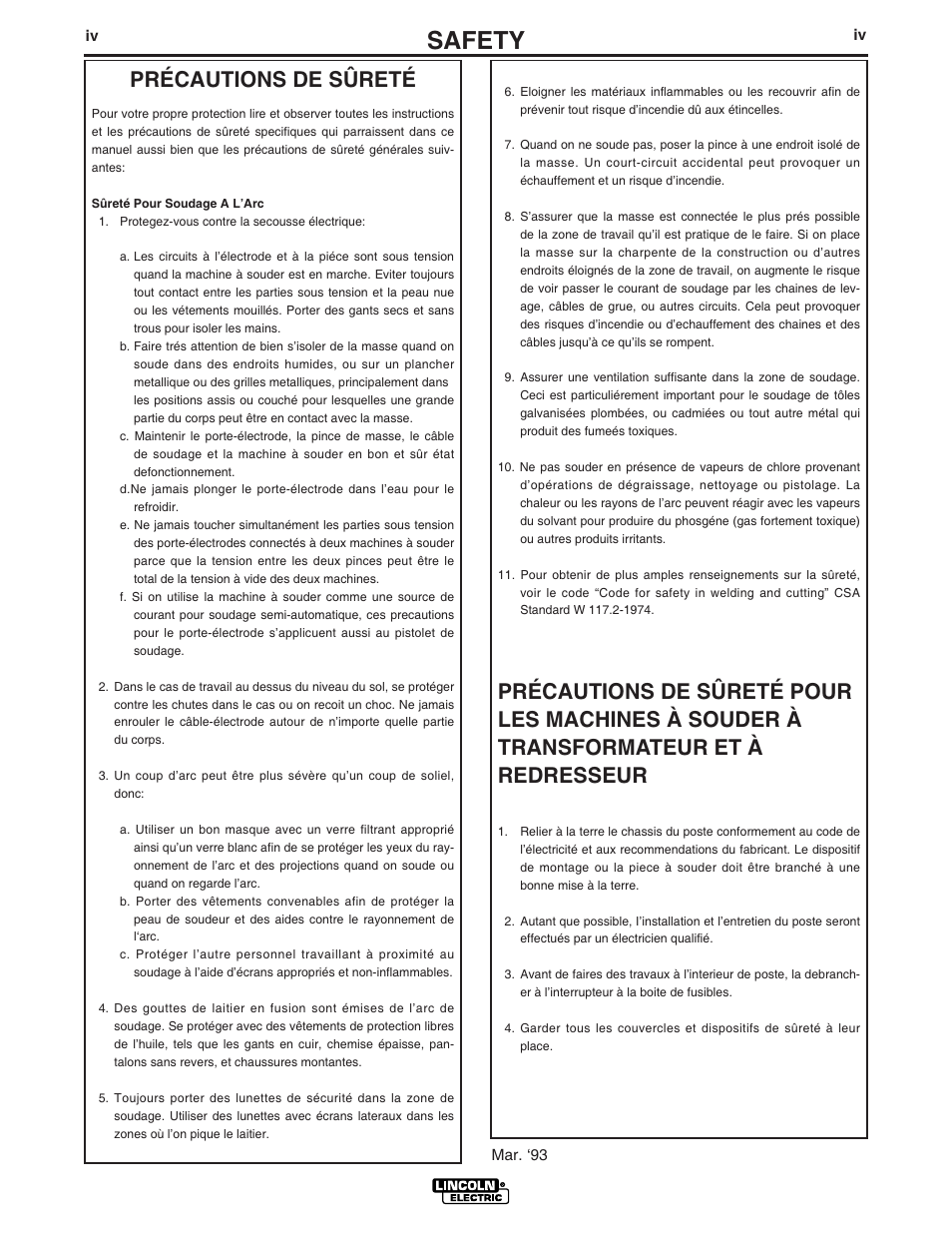 Safety, Précautions de sûreté | Lincoln Electric IM925 RANGER 10,000 PLUS User Manual | Page 5 / 37