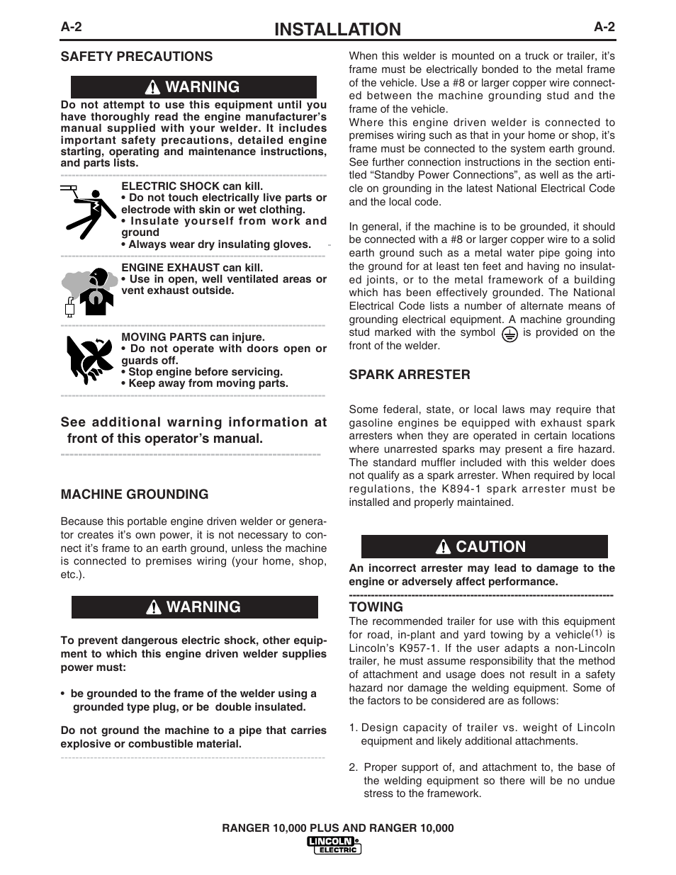 Installation, Caution, Warning | Lincoln Electric IM925 RANGER 10,000 PLUS User Manual | Page 9 / 37