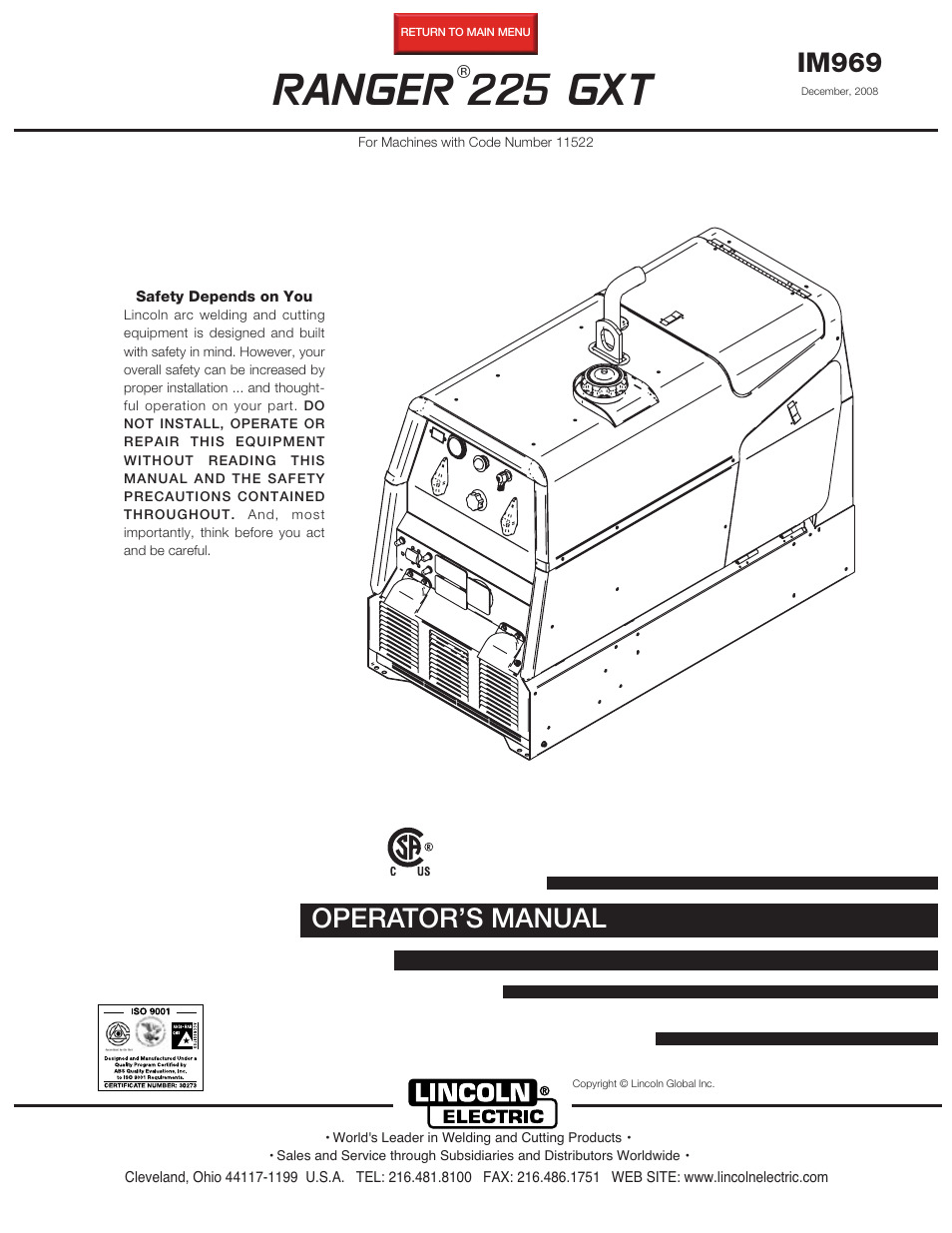 Lincoln Electric IM969 RANGER 225 GXT User Manual | 36 pages